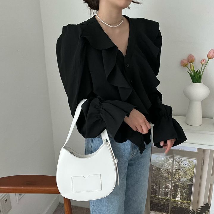 Ruffle-Trimmed Blouse with V-Neckline & Extended Sleeves