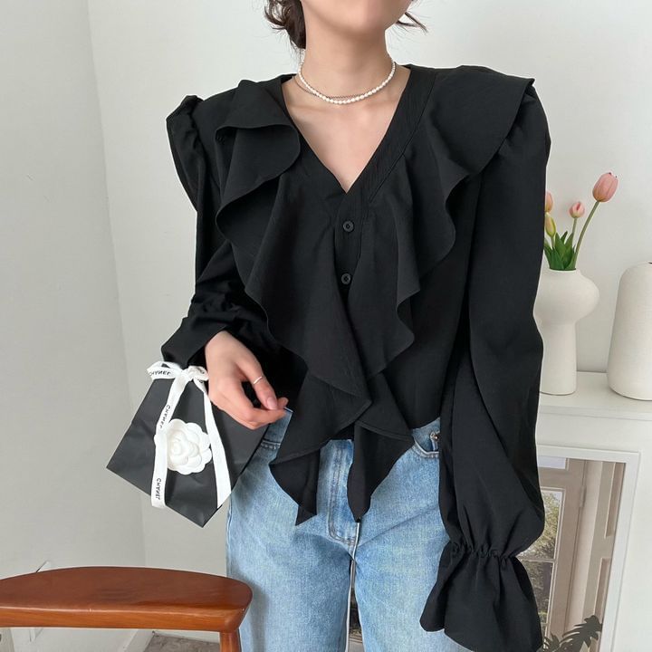 Ruffle-Trimmed Blouse with V-Neckline & Extended Sleeves