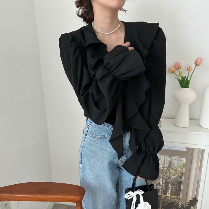 Ruffle-Trimmed Blouse with V-Neckline & Extended Sleeves