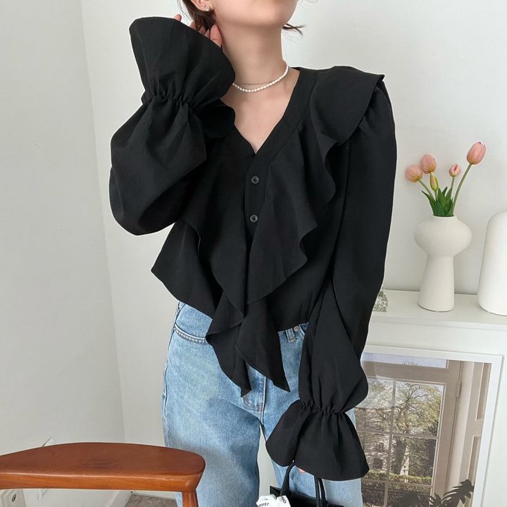 Ruffle-Trimmed Blouse with V-Neckline & Extended Sleeves