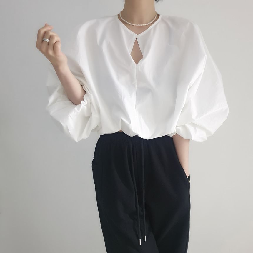Cutout Detail Blouse with Round Neckline & Long Sleeves