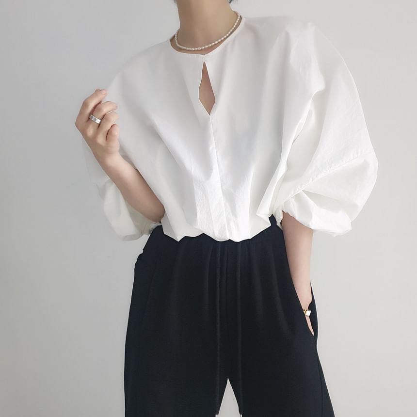 Cutout Detail Blouse with Round Neckline & Long Sleeves