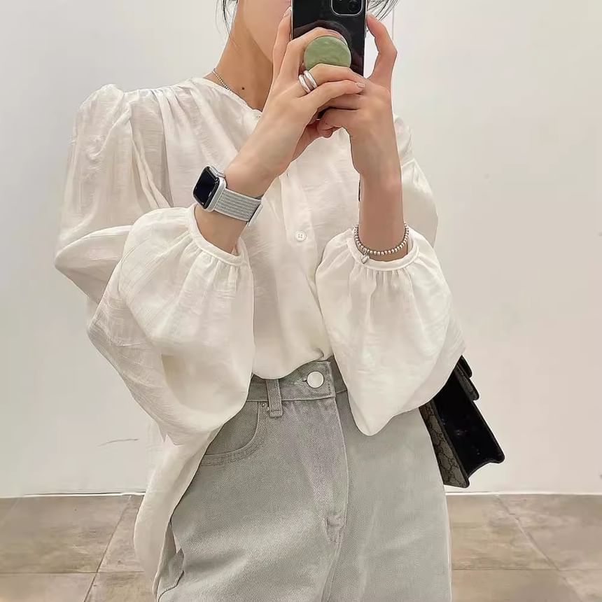 Round Neck Plain Long Sleeve Blouse Shirt