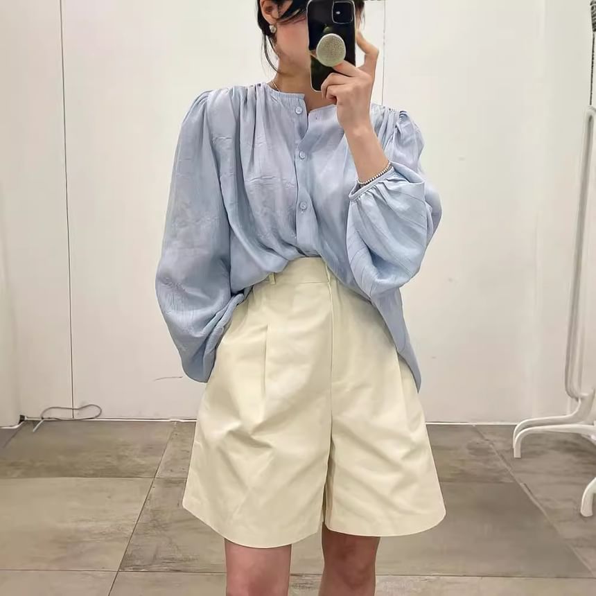 Round Neck Plain Long Sleeve Blouse Shirt