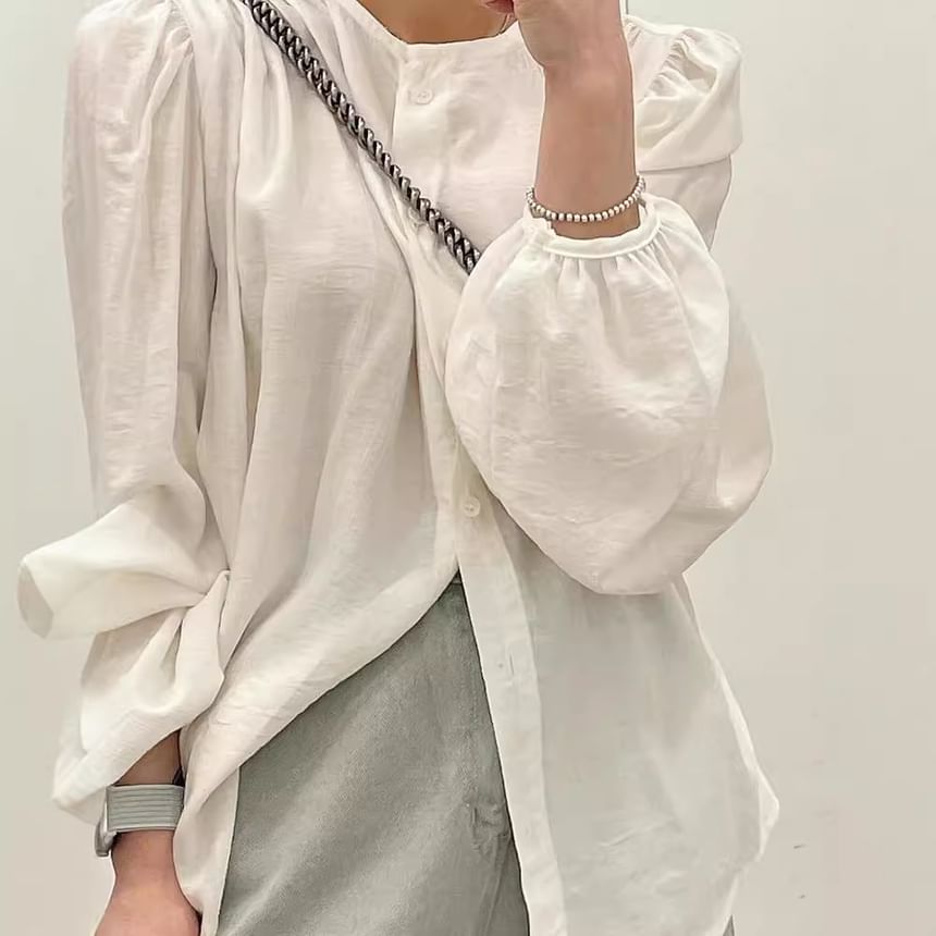 Round Neck Plain Long Sleeve Blouse Shirt