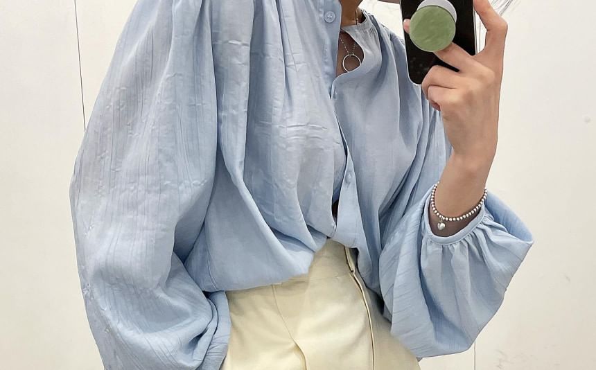 Round Neck Plain Long Sleeve Blouse Shirt