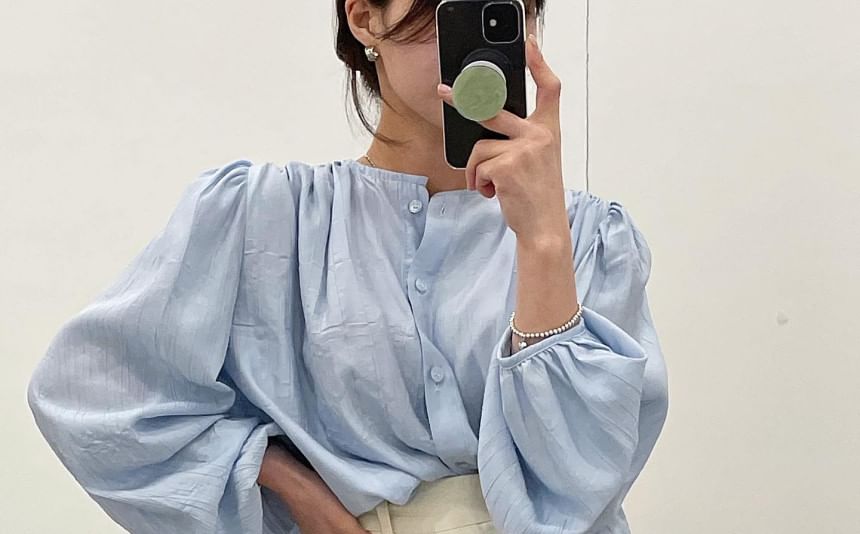 Round Neck Plain Long Sleeve Blouse Shirt