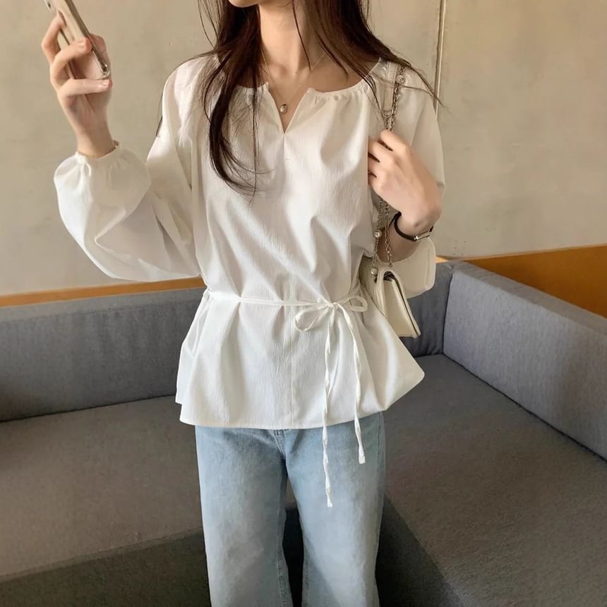 Notched-Collar Sashed Blouse with Extended Sleeves in Solid Tone