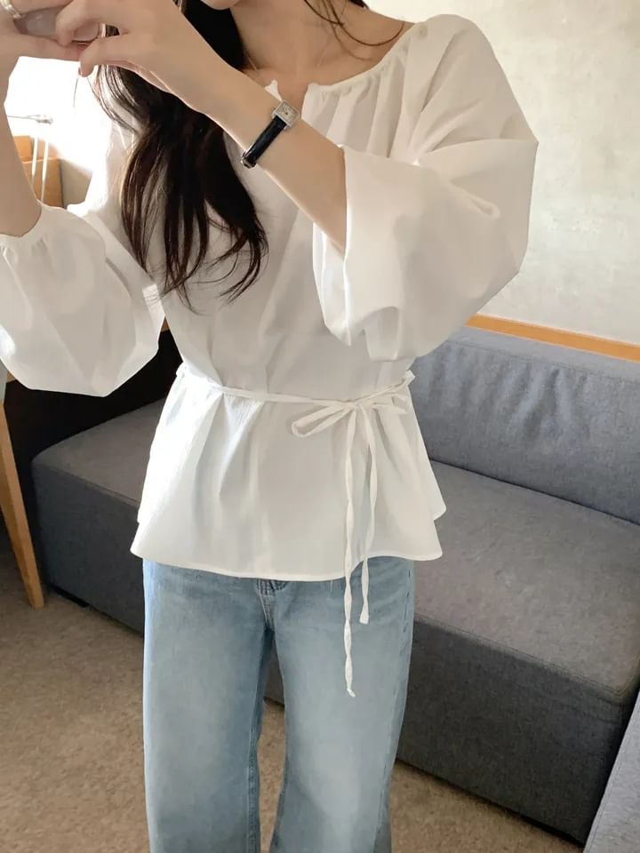 Notched-Collar Sashed Blouse with Extended Sleeves in Solid Tone