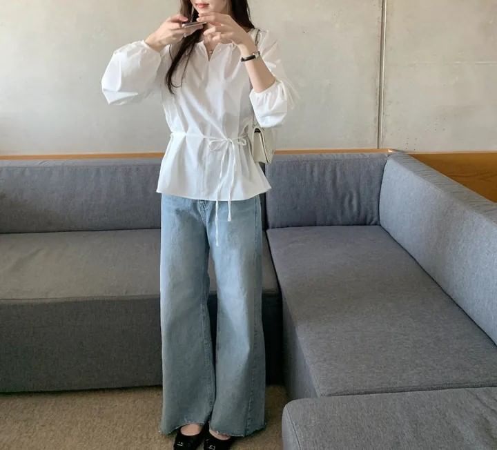 Notched-Collar Sashed Blouse with Extended Sleeves in Solid Tone