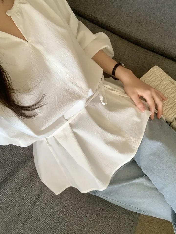 Notched-Collar Sashed Blouse with Extended Sleeves in Solid Tone