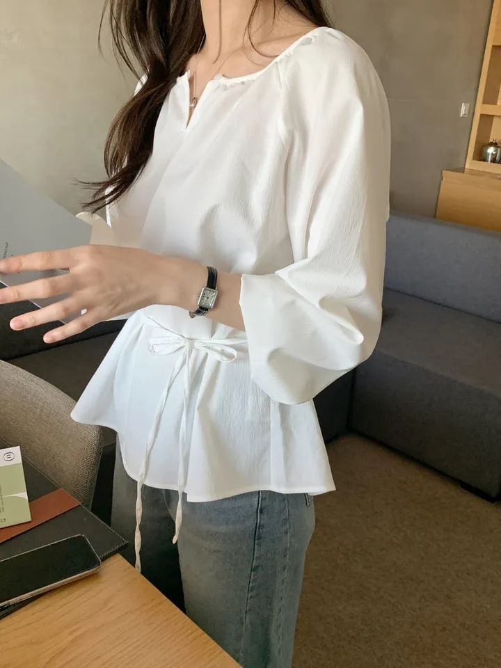 Notched-Collar Sashed Blouse with Extended Sleeves in Solid Tone