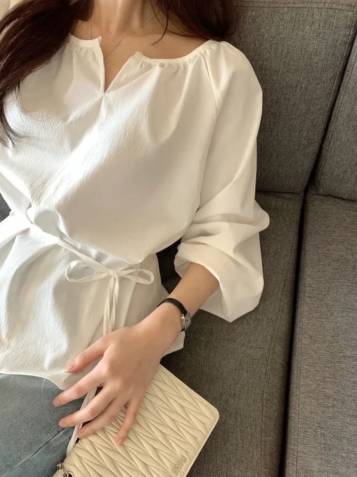 Notched-Collar Sashed Blouse with Extended Sleeves in Solid Tone