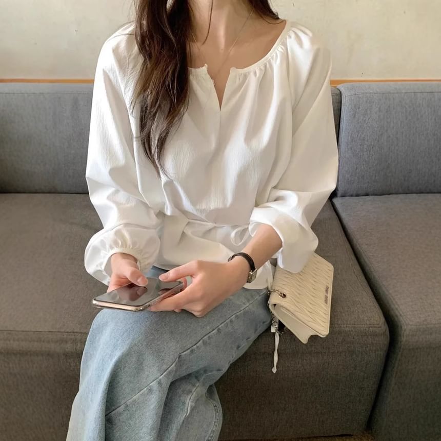 Notched-Collar Sashed Blouse with Extended Sleeves in Solid Tone