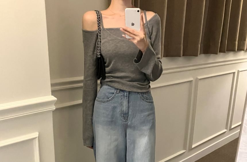 Off-Shoulder Knitted Pullover & Cami Duo with Extended Sleeves