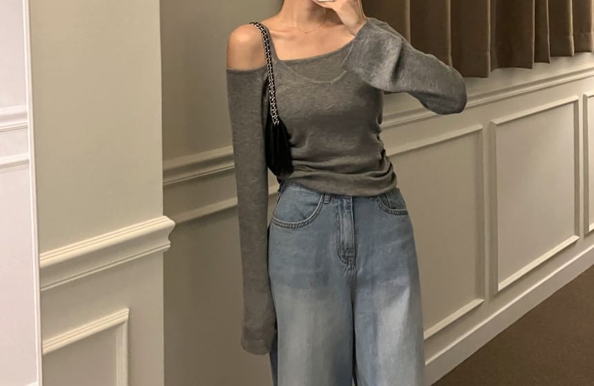 Off-Shoulder Knitted Pullover & Cami Duo with Extended Sleeves