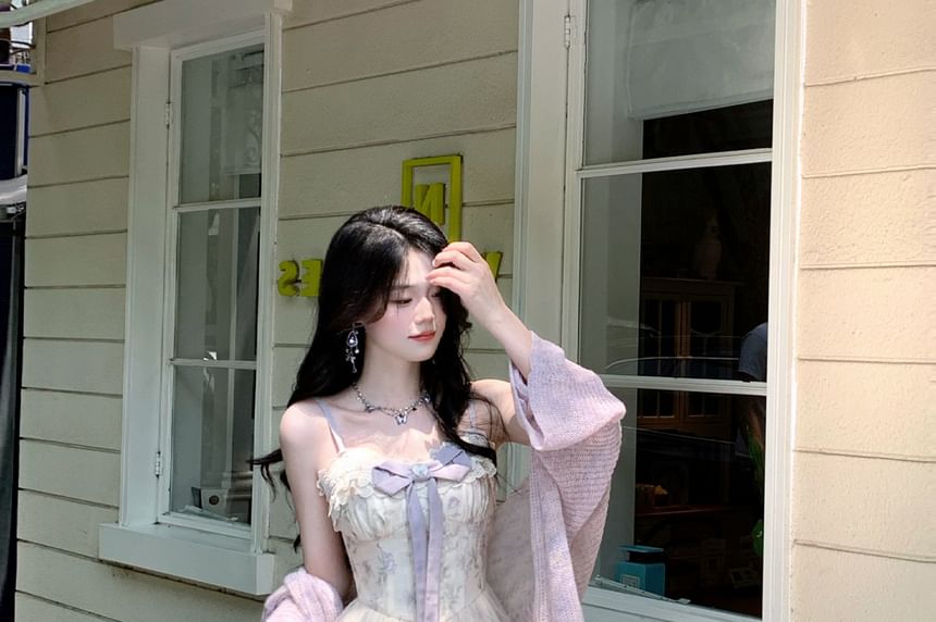 Spaghetti Strap Floral Print Maxi A-Line Dress / Plain Cardigan / Set