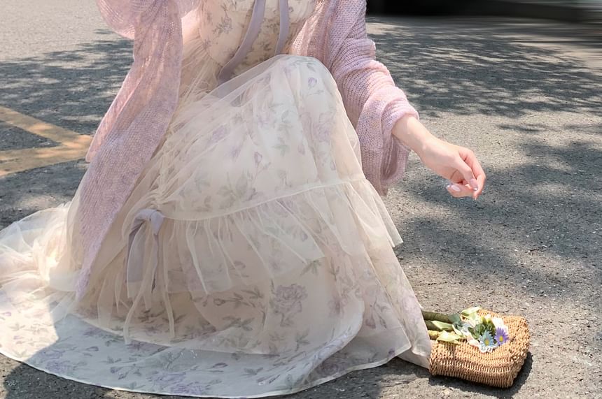Spaghetti Strap Floral Print Maxi A-Line Dress / Plain Cardigan / Set