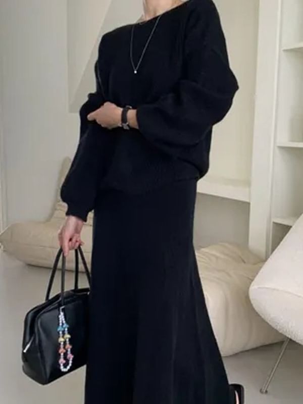 Boat Neck Ribbed Sweater & High Waist Maxi A-Line Skirt