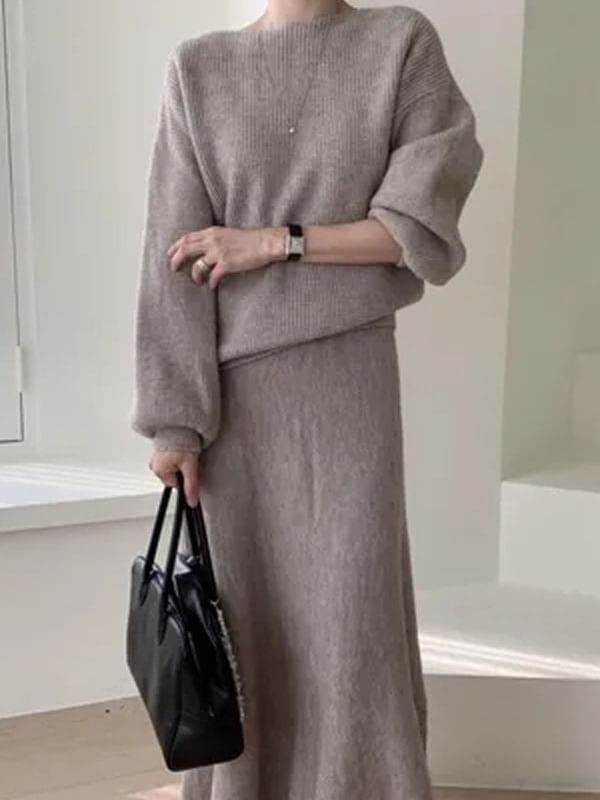 Boat Neck Ribbed Sweater & High Waist Maxi A-Line Skirt