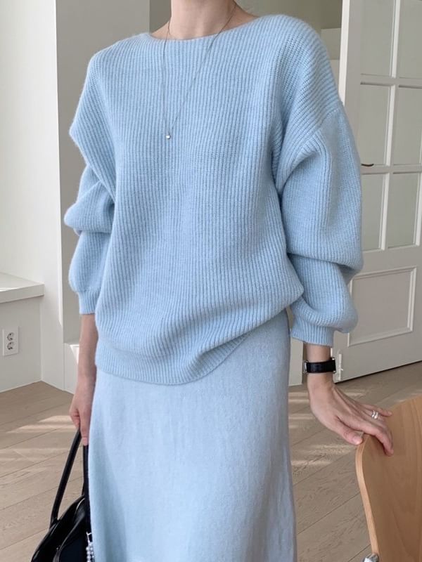 Boat Neck Ribbed Sweater & High Waist Maxi A-Line Skirt