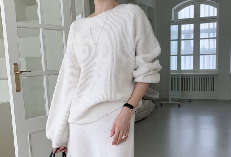Boat Neck Ribbed Sweater & High Waist Maxi A-Line Skirt