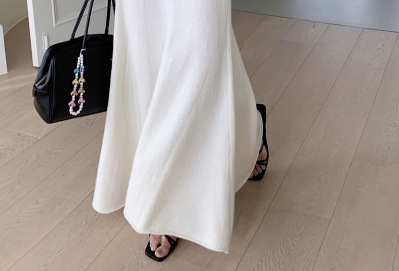Boat Neck Ribbed Sweater & High Waist Maxi A-Line Skirt