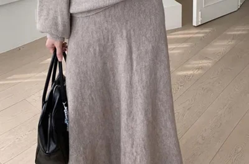 Boat Neck Ribbed Sweater & High Waist Maxi A-Line Skirt