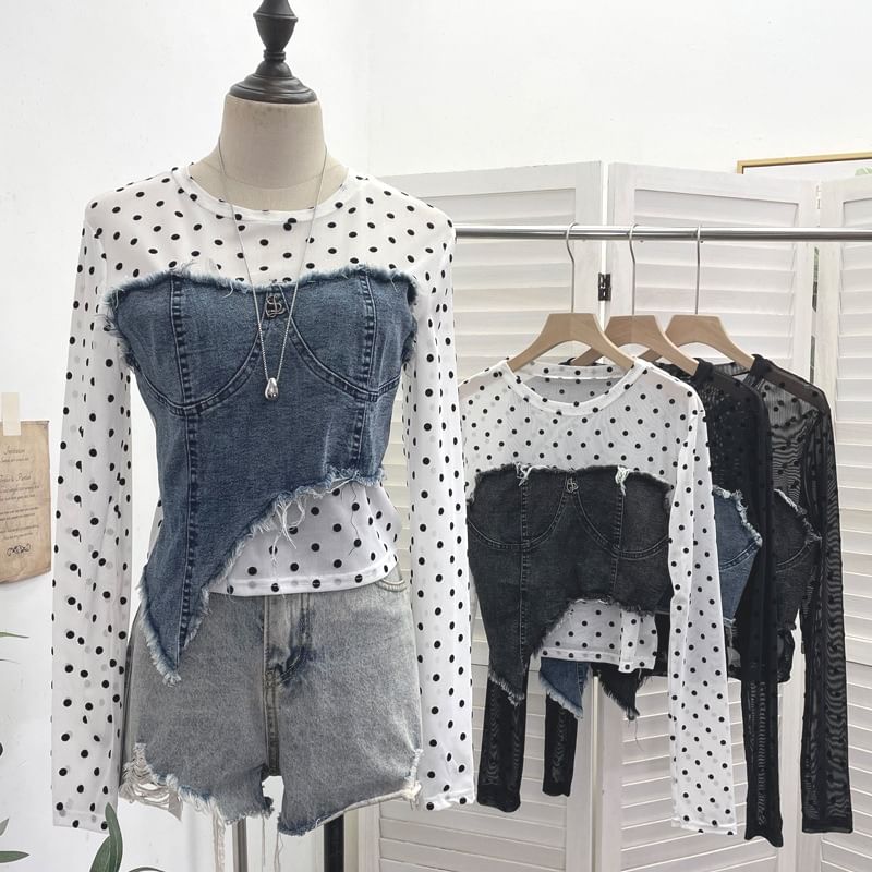 Dotted Denim Panel T-Shirt with Mock Two-Piece Design and Long Sleeves