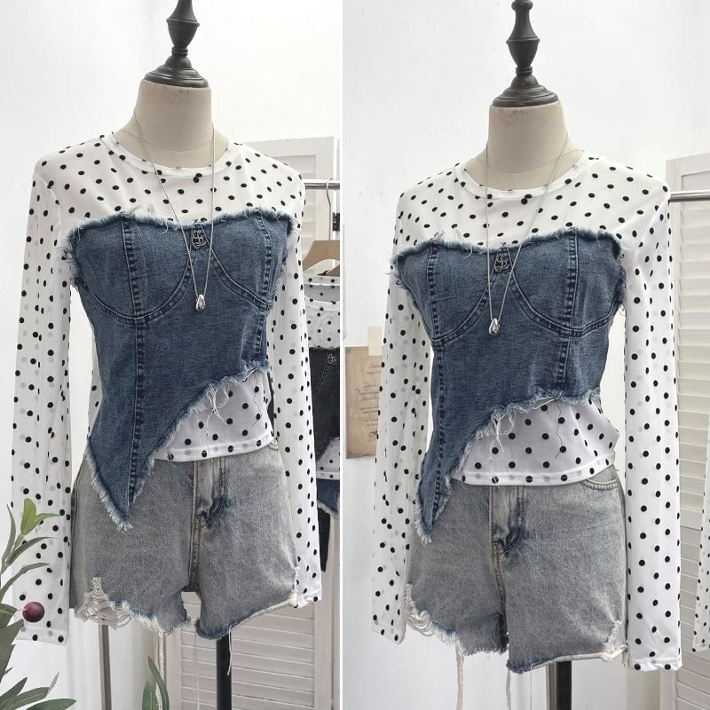 Dotted Denim Panel T-Shirt with Mock Two-Piece Design and Long Sleeves