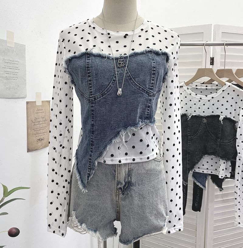 Dotted Denim Panel T-Shirt with Mock Two-Piece Design and Long Sleeves
