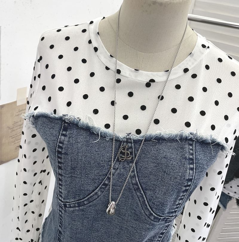 Dotted Denim Panel T-Shirt with Mock Two-Piece Design and Long Sleeves