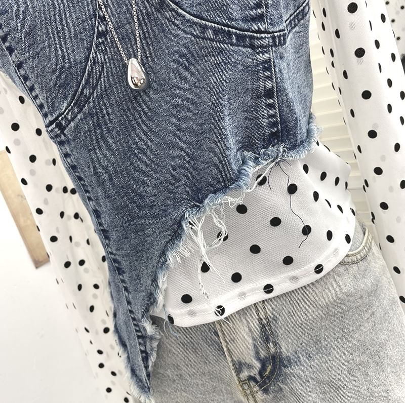 Dotted Denim Panel T-Shirt with Mock Two-Piece Design and Long Sleeves