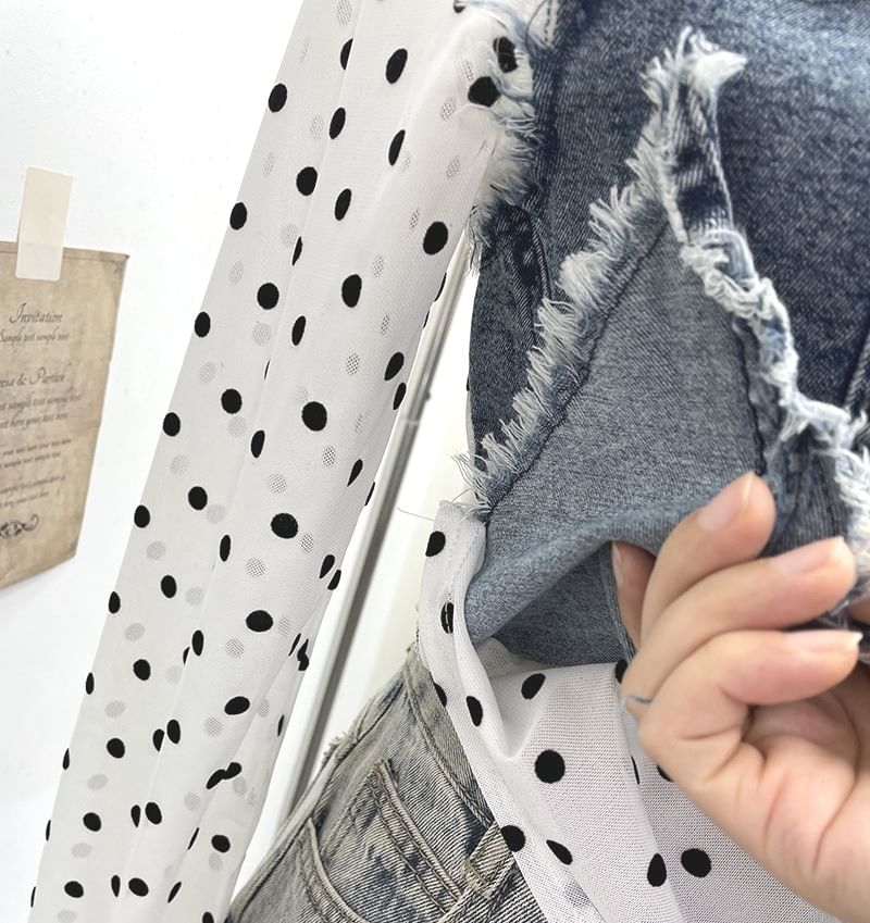 Dotted Denim Panel T-Shirt with Mock Two-Piece Design and Long Sleeves
