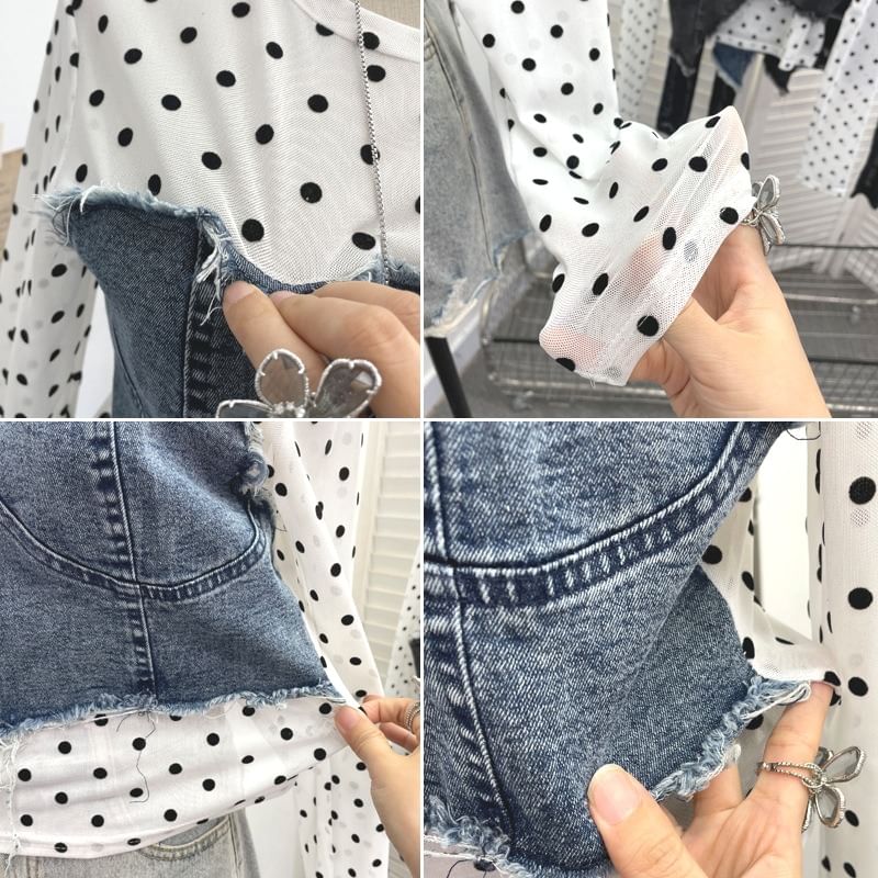 Dotted Denim Panel T-Shirt with Mock Two-Piece Design and Long Sleeves