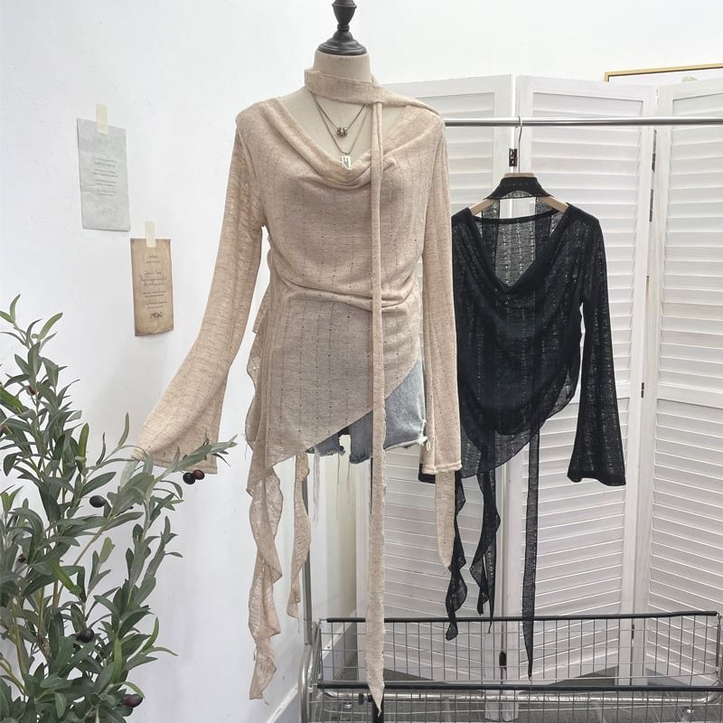 Distressed Ruffled Knit Top with Tie Neck, Asymmetrical Cut and Long Sleeves
