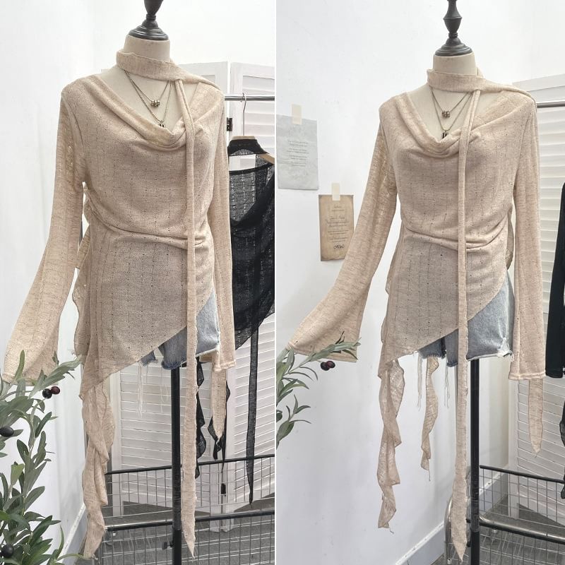 Distressed Ruffled Knit Top with Tie Neck, Asymmetrical Cut and Long Sleeves