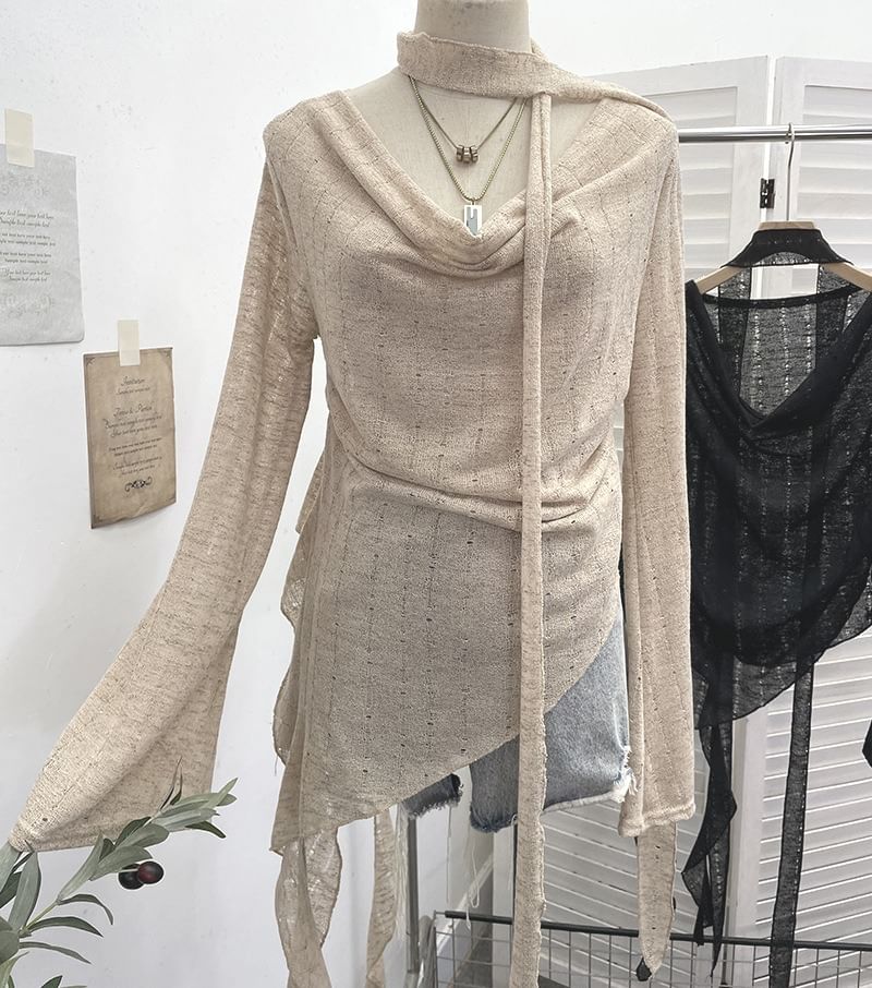 Distressed Ruffled Knit Top with Tie Neck, Asymmetrical Cut and Long Sleeves