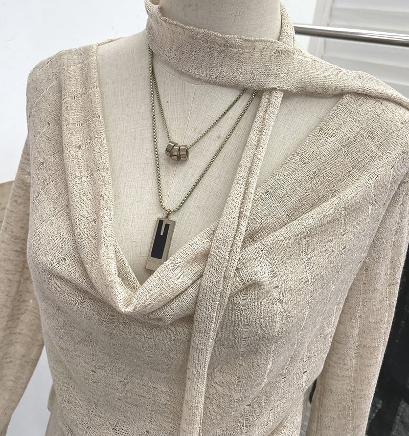 Distressed Ruffled Knit Top with Tie Neck, Asymmetrical Cut and Long Sleeves