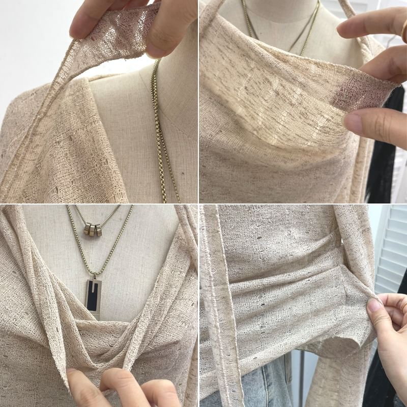 Distressed Ruffled Knit Top with Tie Neck, Asymmetrical Cut and Long Sleeves