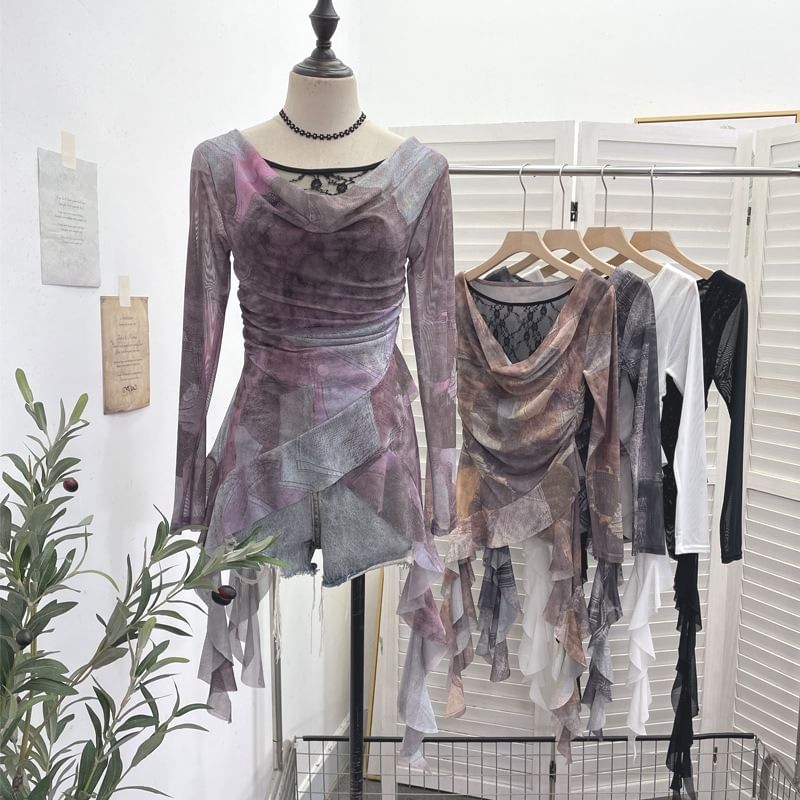 Tie-Dyed Ruffled Blouse with Cowl Neckline, Lace Panel and Long Sleeves