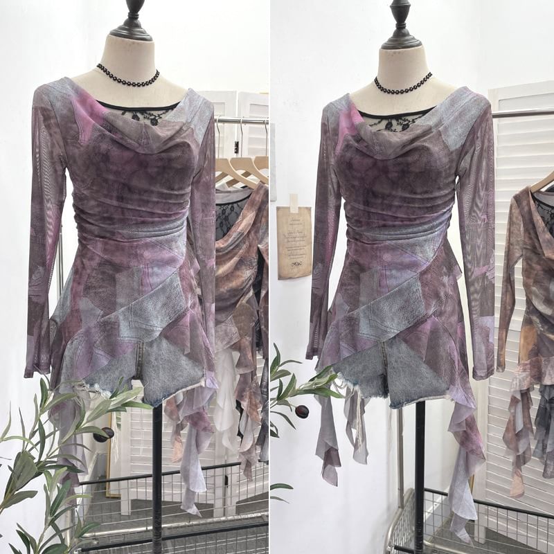 Tie-Dyed Ruffled Blouse with Cowl Neckline, Lace Panel and Long Sleeves