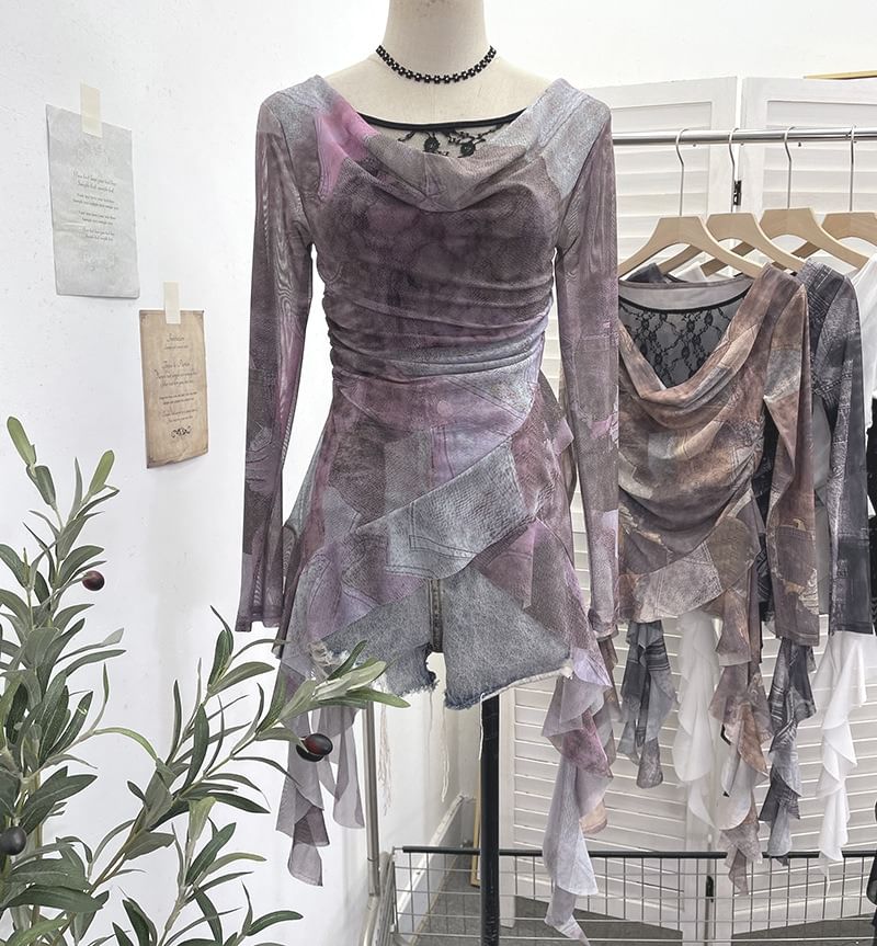 Tie-Dyed Ruffled Blouse with Cowl Neckline, Lace Panel and Long Sleeves