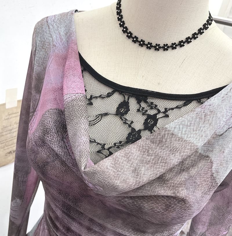 Tie-Dyed Ruffled Blouse with Cowl Neckline, Lace Panel and Long Sleeves