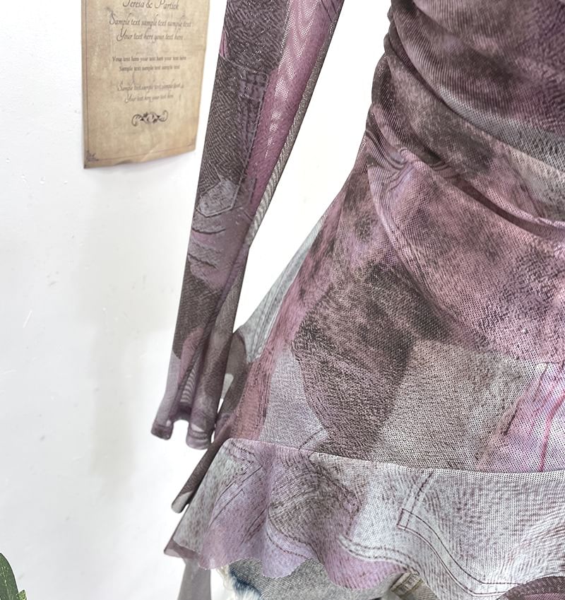 Tie-Dyed Ruffled Blouse with Cowl Neckline, Lace Panel and Long Sleeves