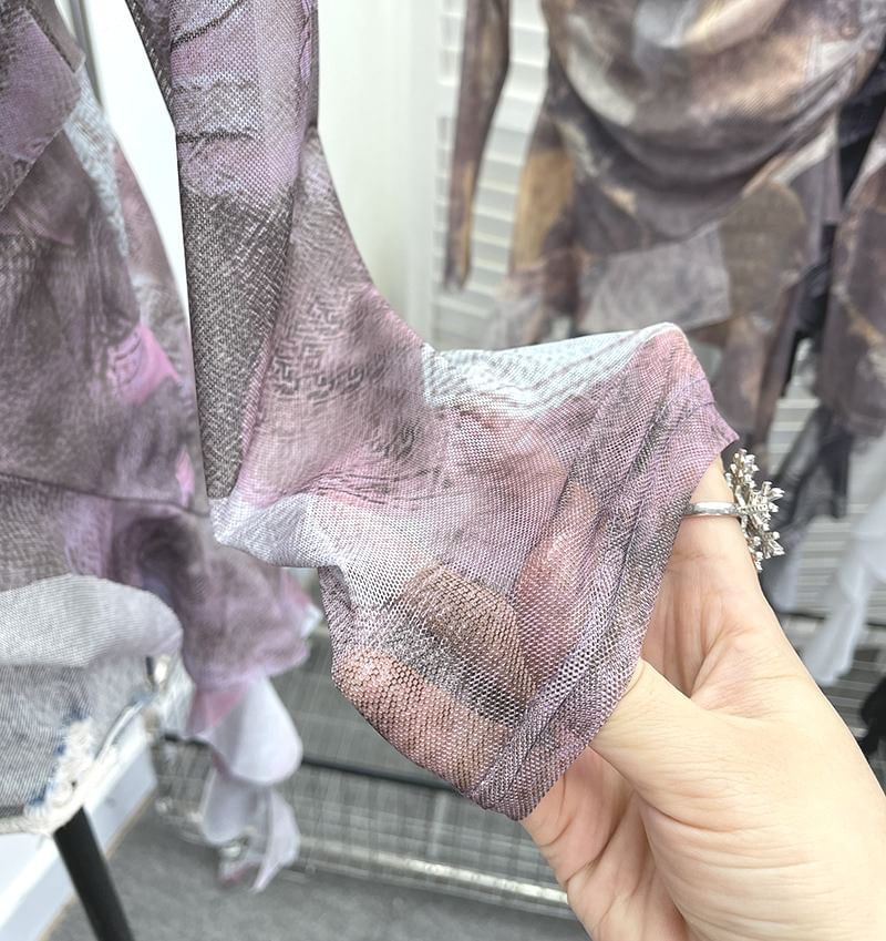 Tie-Dyed Ruffled Blouse with Cowl Neckline, Lace Panel and Long Sleeves