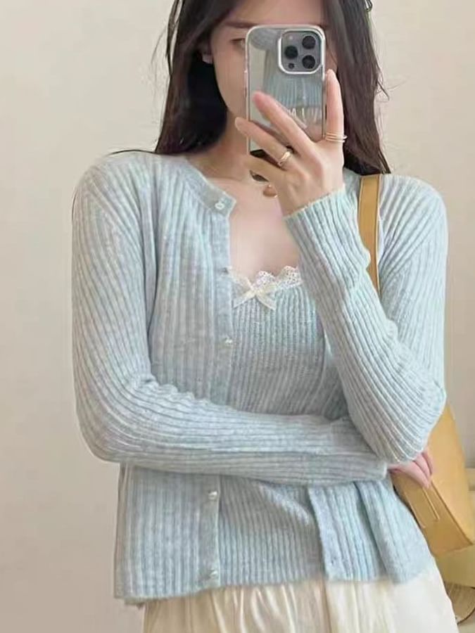 Set: Spaghetti Strap Lace Knit Cami Top + Faux Pearl Button Up Cardigan