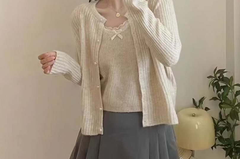Set: Spaghetti Strap Lace Knit Cami Top + Faux Pearl Button Up Cardigan