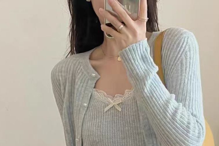 Set: Spaghetti Strap Lace Knit Cami Top + Faux Pearl Button Up Cardigan