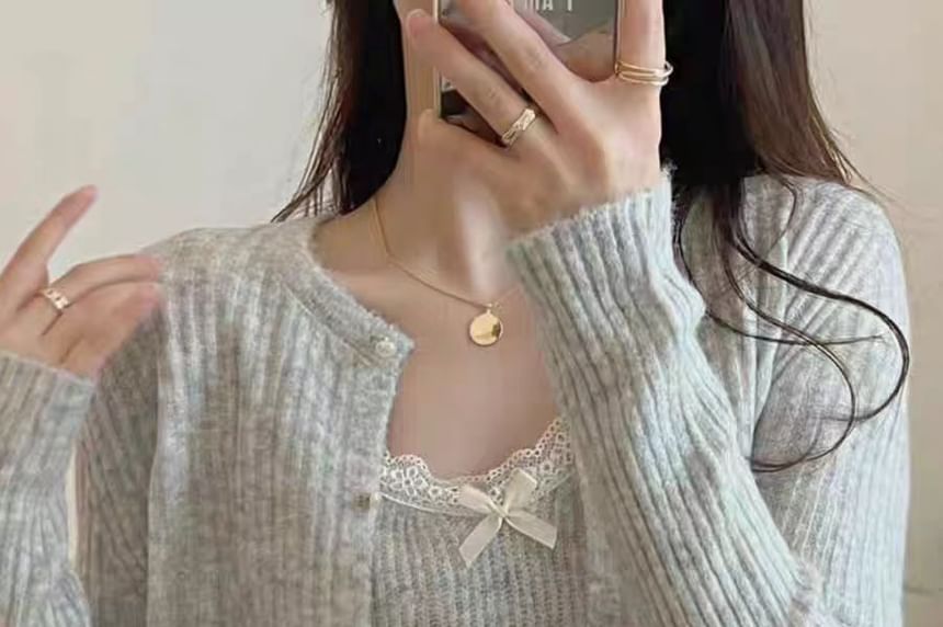 Set: Spaghetti Strap Lace Knit Cami Top + Faux Pearl Button Up Cardigan
